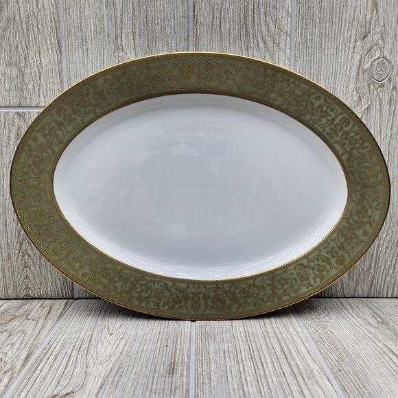 Sango‎ China Versailles 14" Oval Serving Platter Plate Japan #3632 Green Gold - Picture 1 of 6